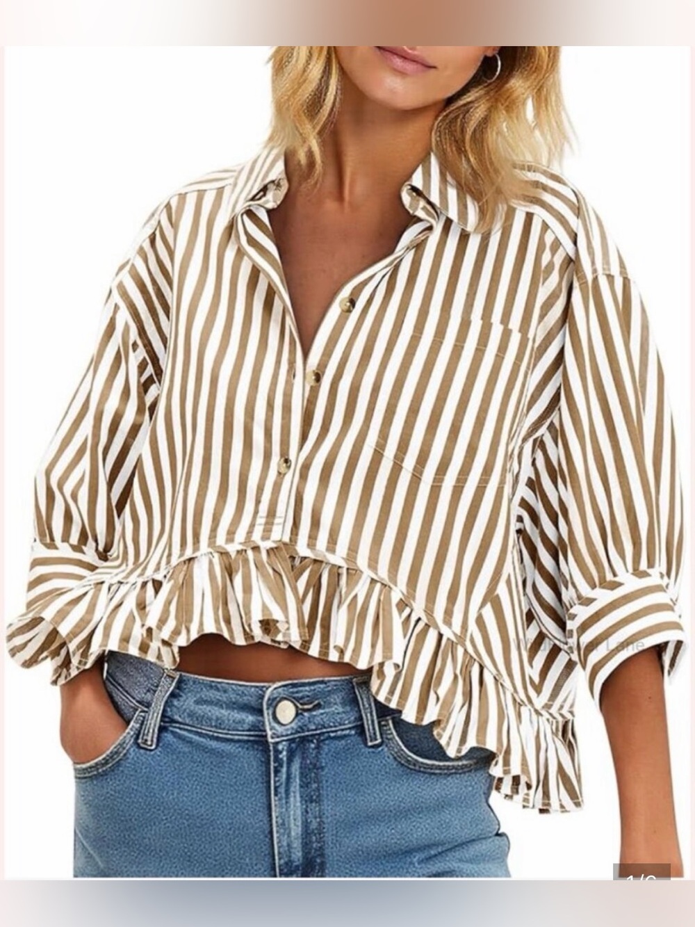 NWT Amazon Striped Ruffled Hem Button-Down Top - Beige & White